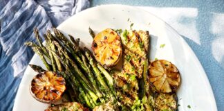 platter of grilled chicken asparagus and zucchini